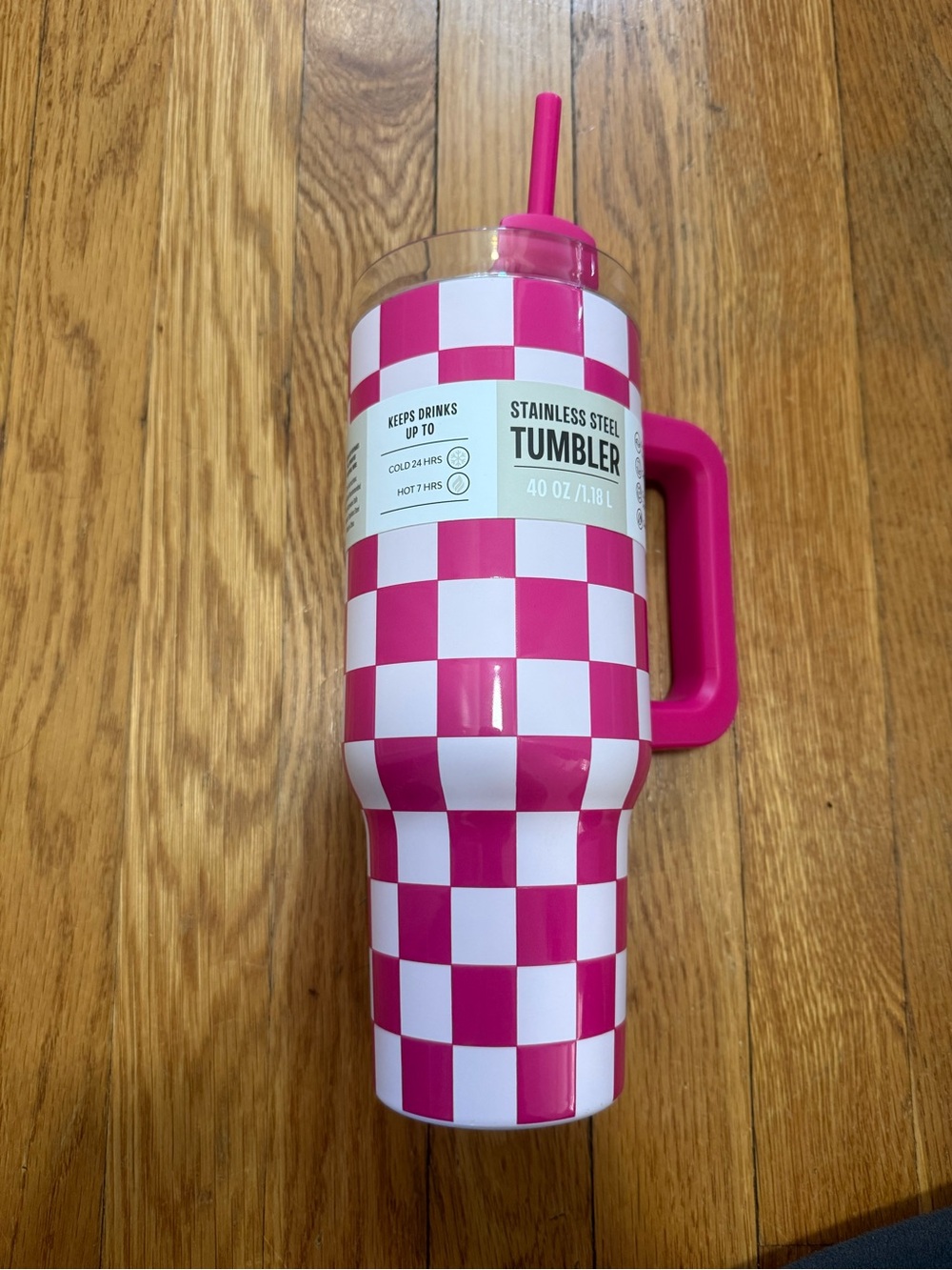 40oz Stainless Steel Pink and White Checkered Pink Tumbler with Handle